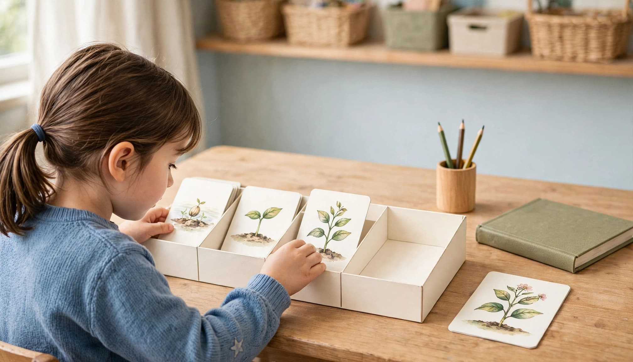 A child arranges picture cards showing a seed growing into a plant.