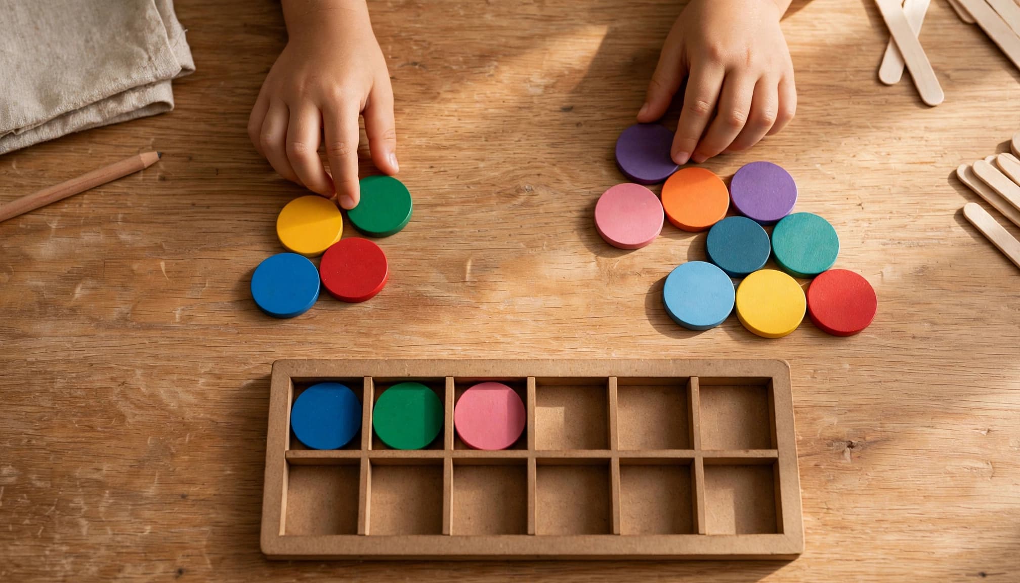 A child's hands arrange two groups of colorful counters beside a ten-frame.