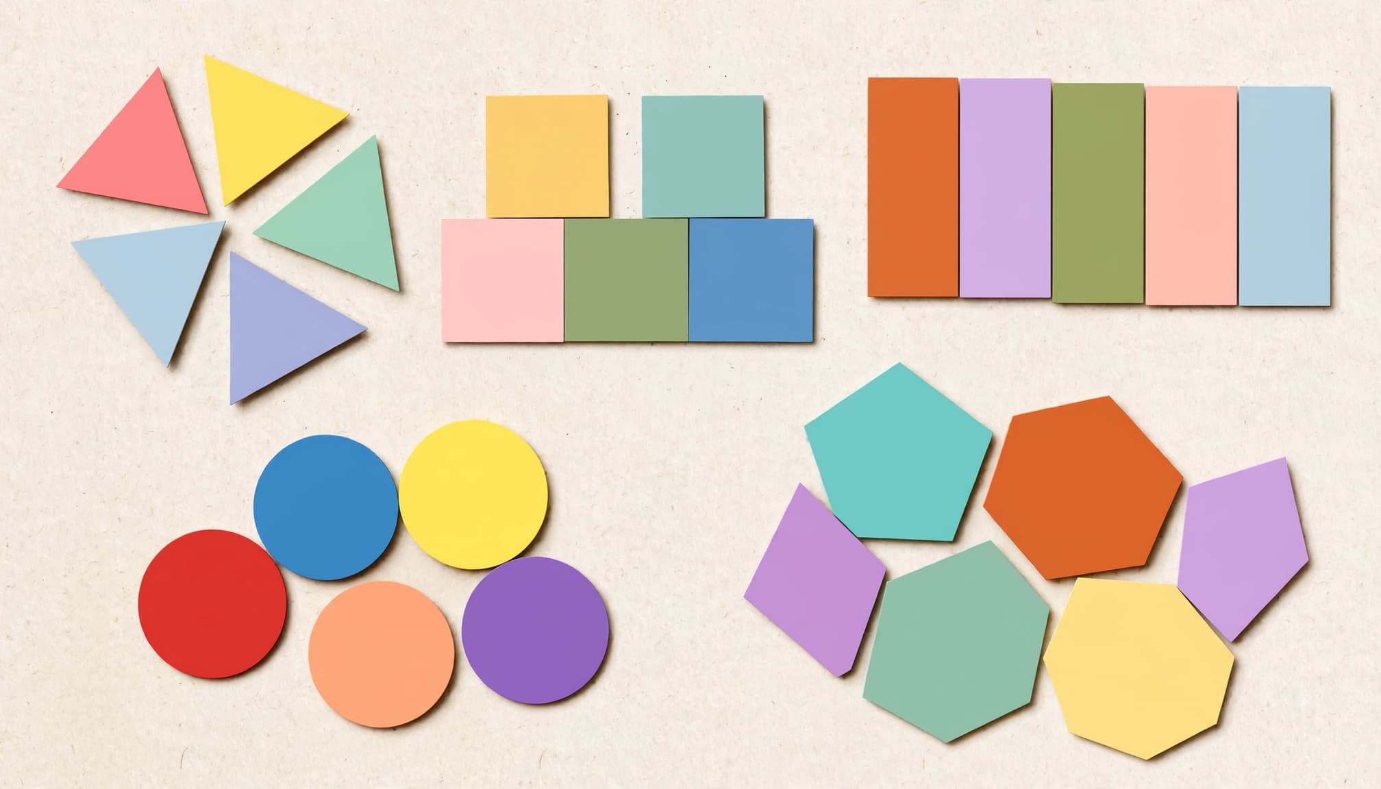 Colorful shapes are grouped separately on a pale classroom table.