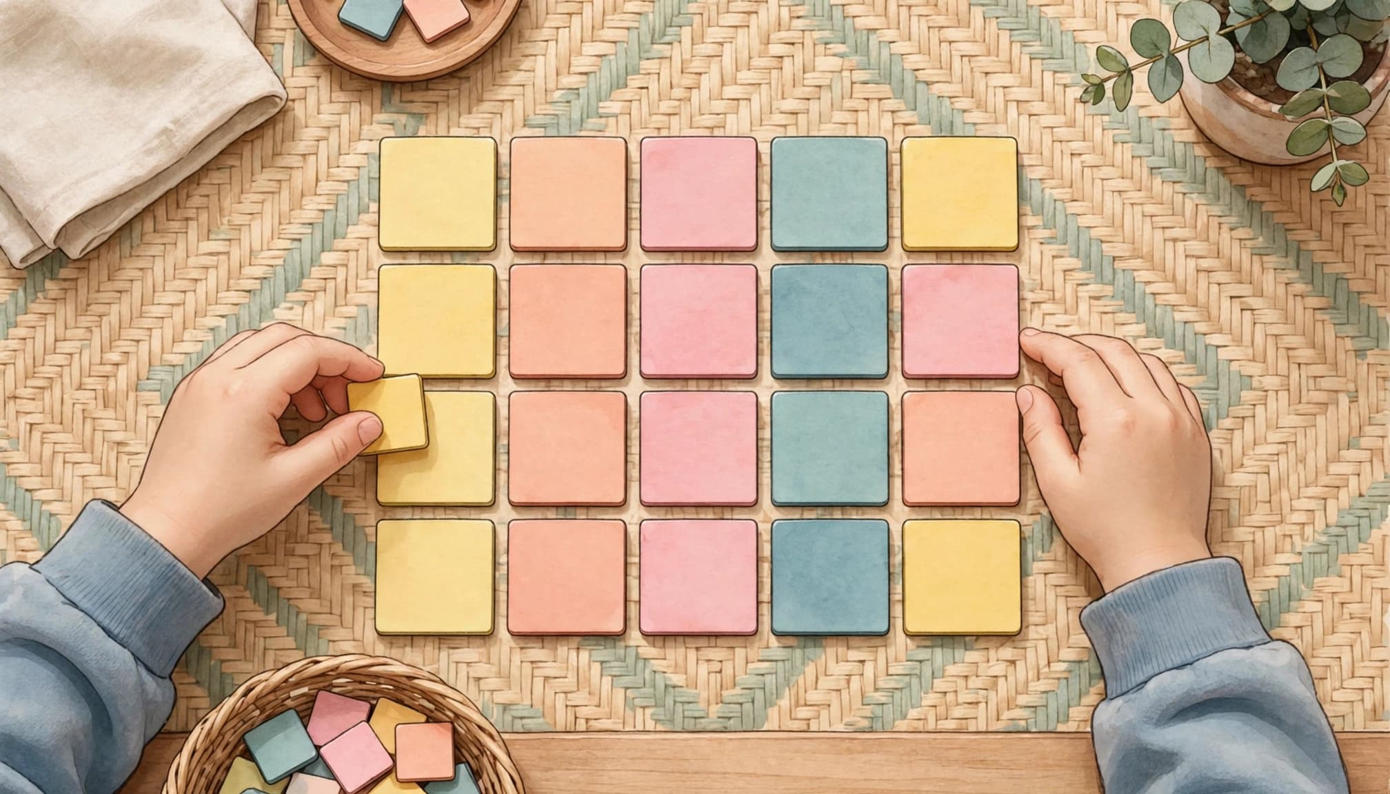 A child arranges colorful counters in equal rows on a floor mat.