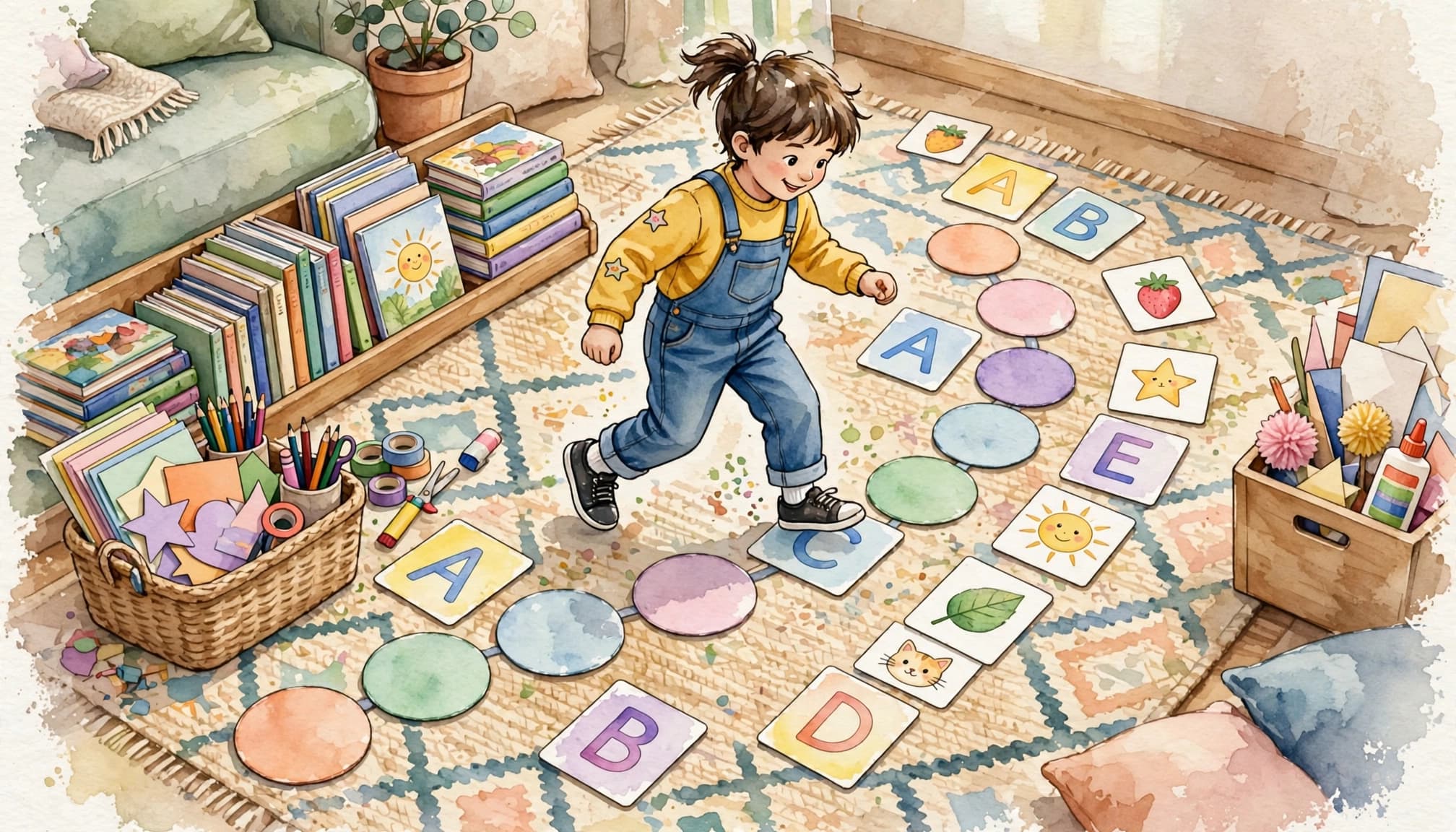 A child follows colorful cards across a rug during a phonics game.