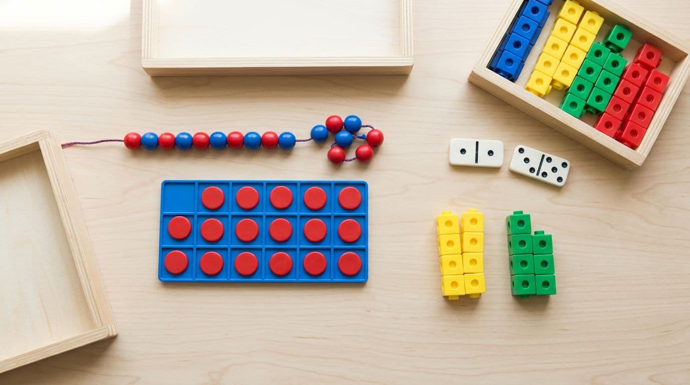 Dominoes, cubes, a ten-frame, and a bead string arranged for addition practice.