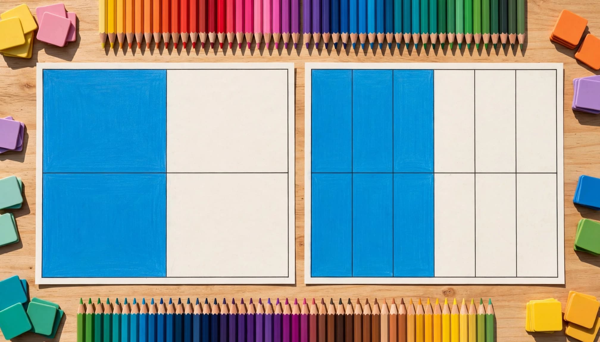 Two shaded fraction grids sit beside colored pencils and fraction tiles.