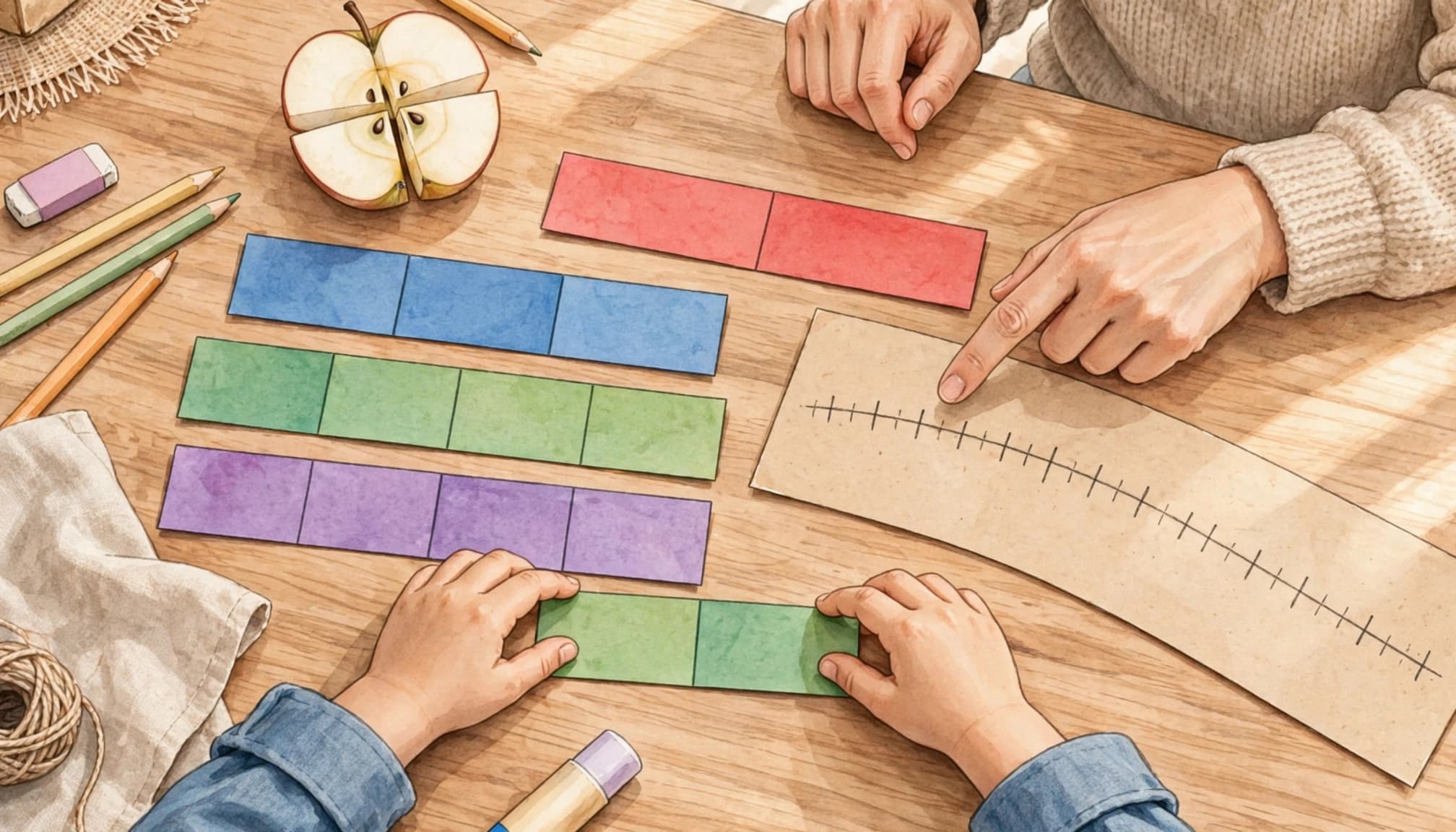 A child uses colorful fraction strips and a paper number line with an adult nearby.