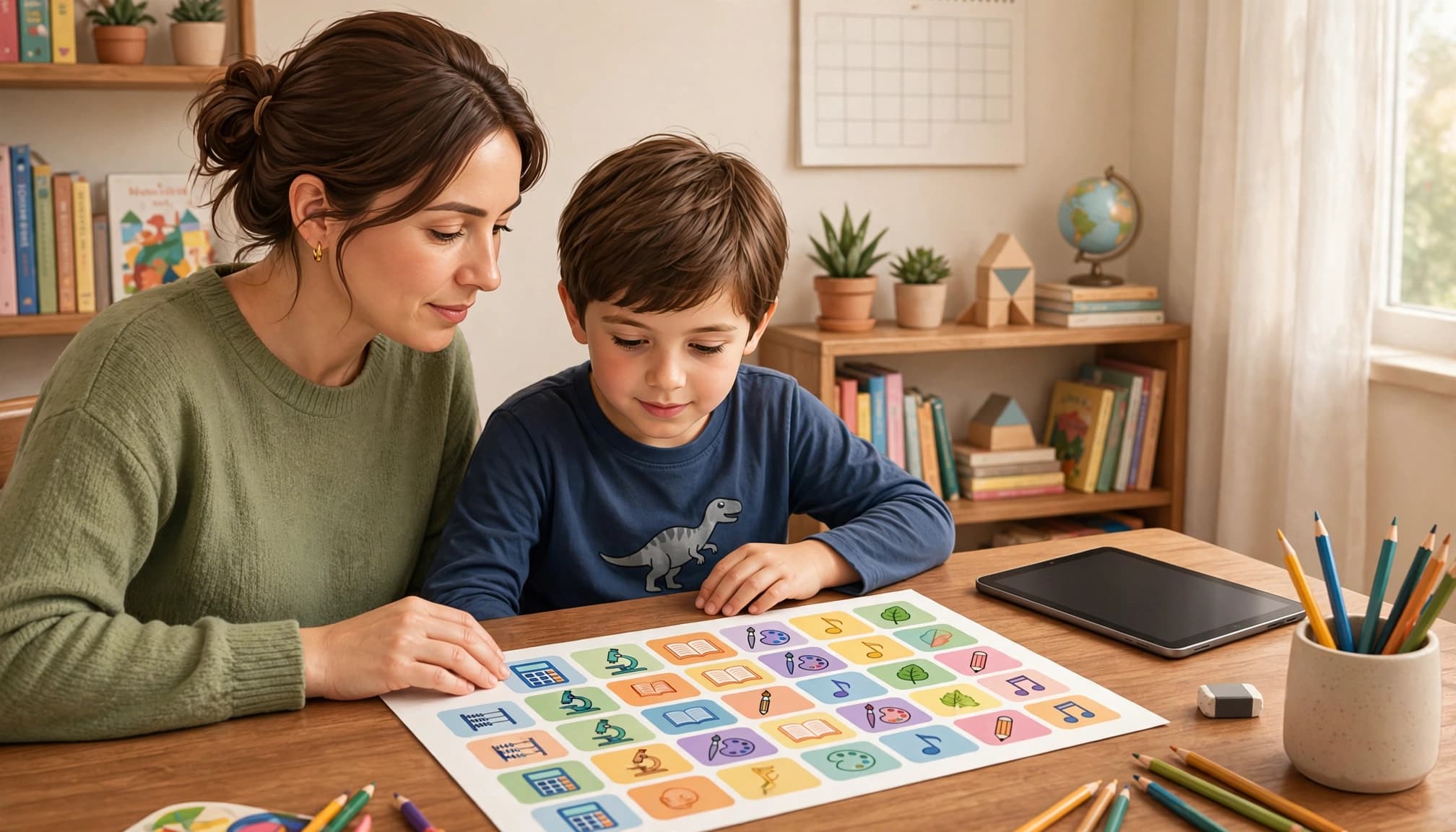 Parent and child review a colorful study plan beside a tablet.