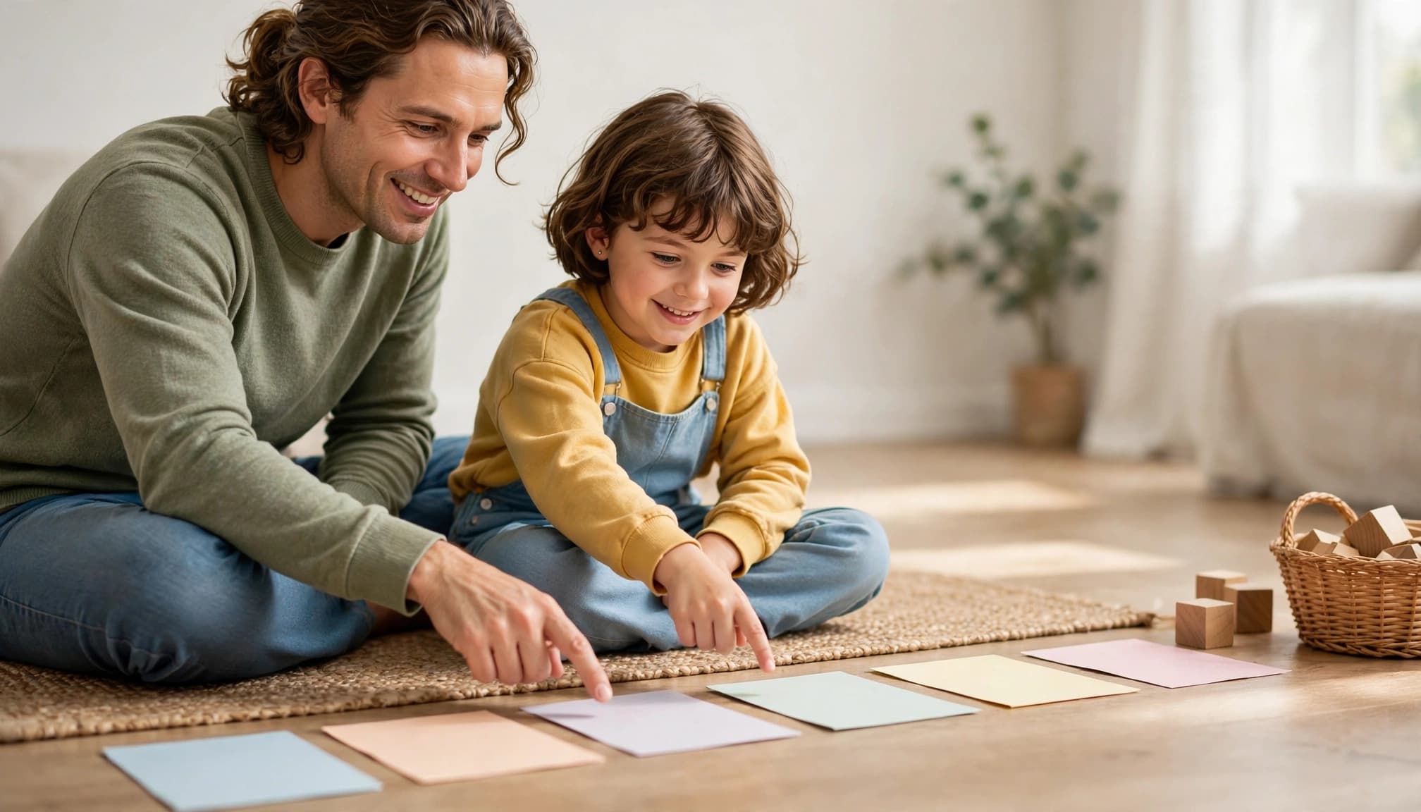 A parent and child point to colored cards arranged in a line on the floor.
