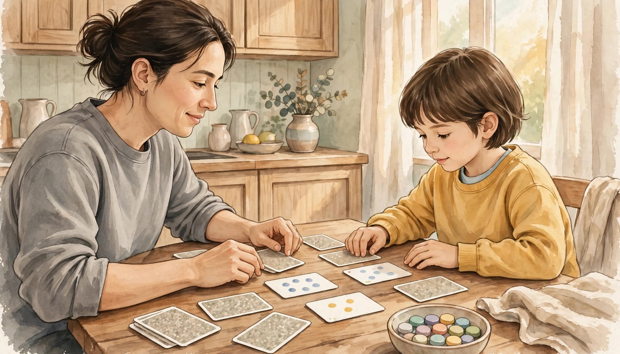 A parent and child play a card matching game at the kitchen table.