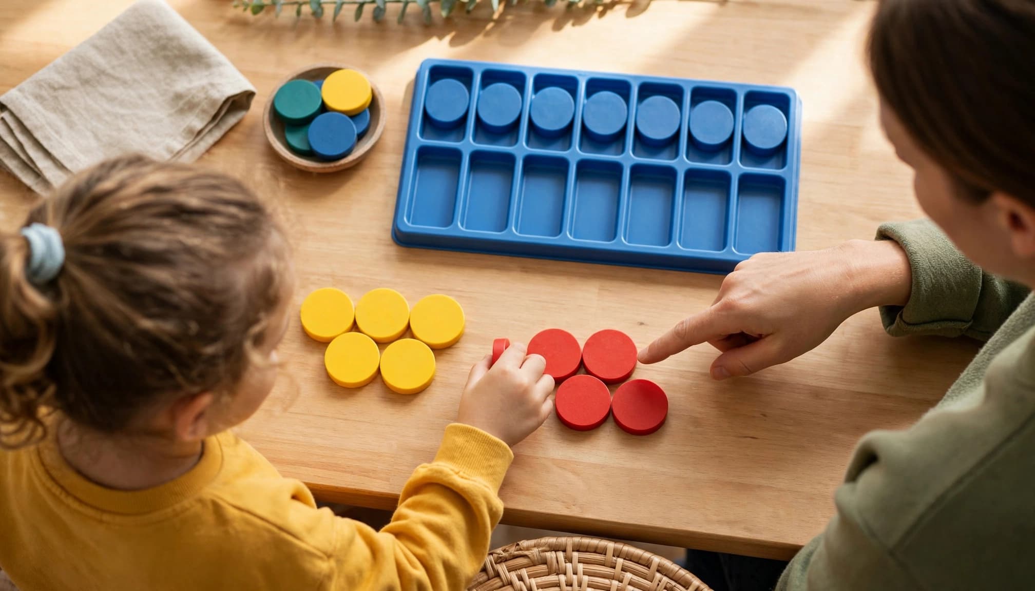 A parent and child sort colorful counters into groups on a ten-frame.