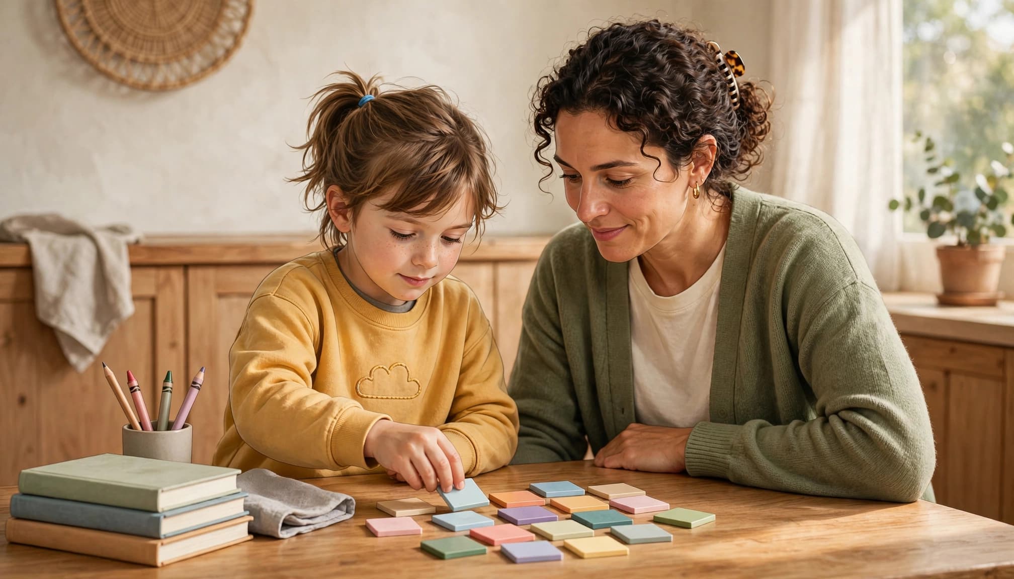 A parent watches as a child places colorful letter tiles on a kitchen table.