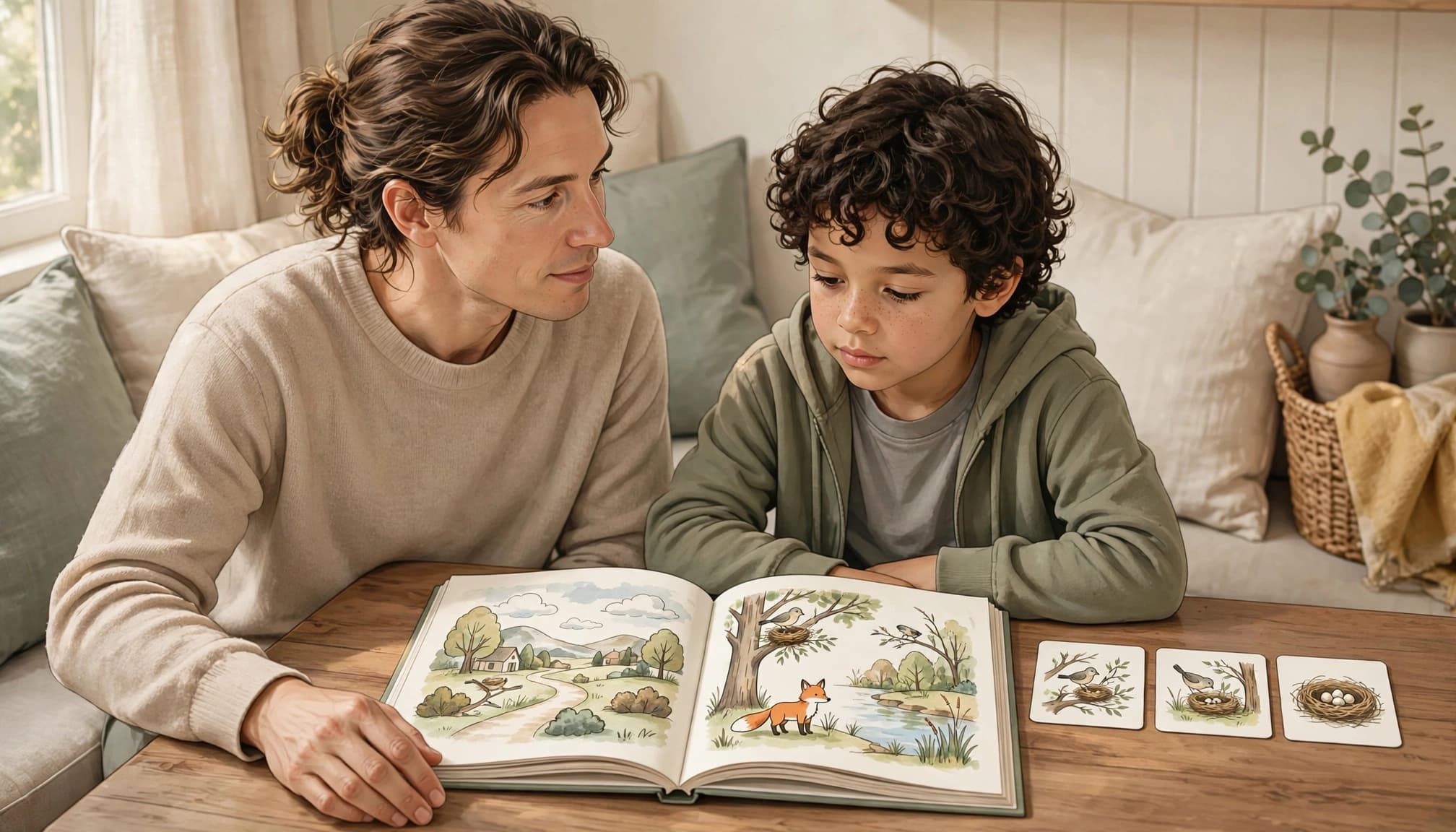 A child studies an open storybook while a parent listens beside them.