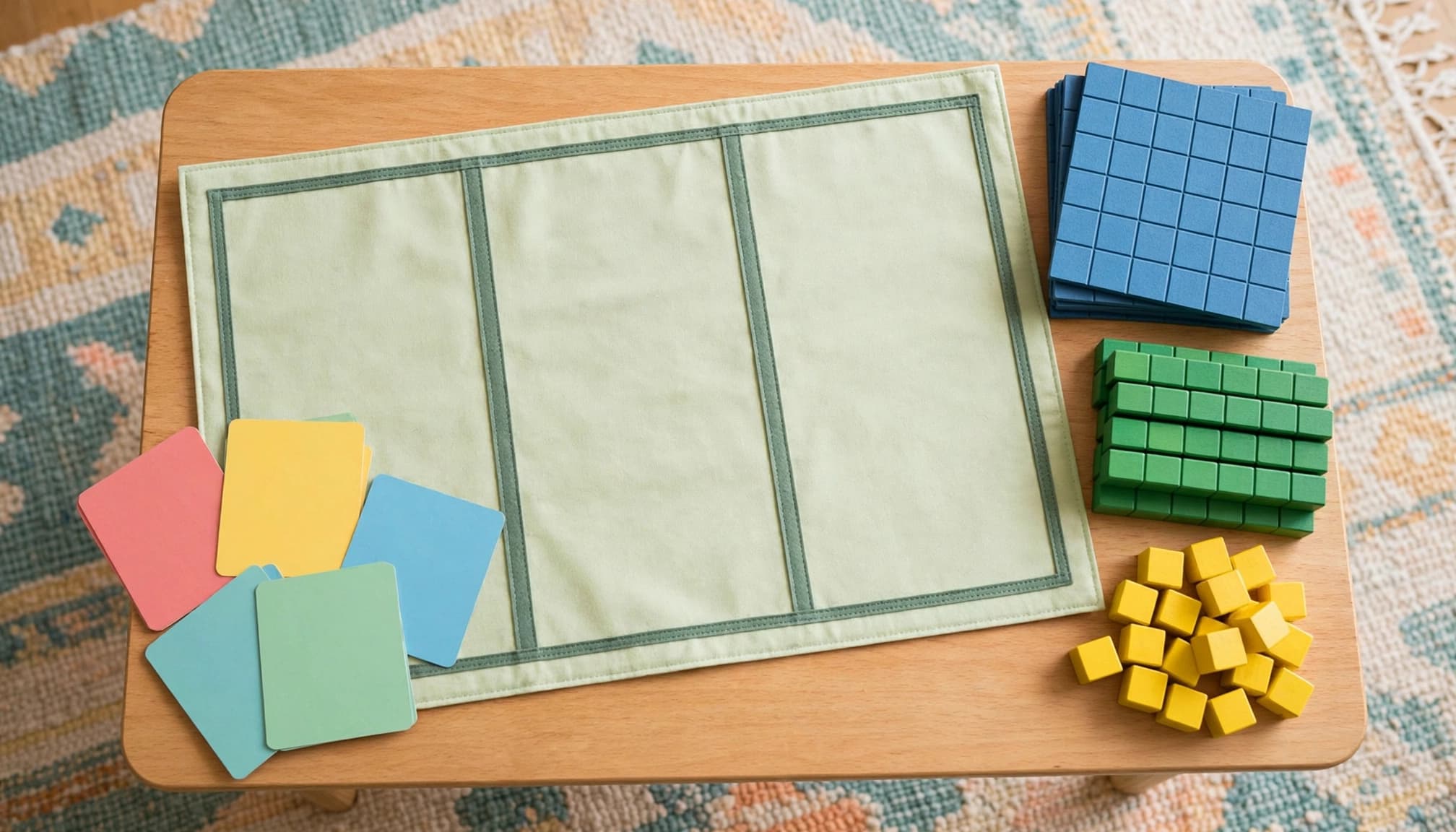 Blank digit cards and grouped base-ten blocks surround a three-column mat.