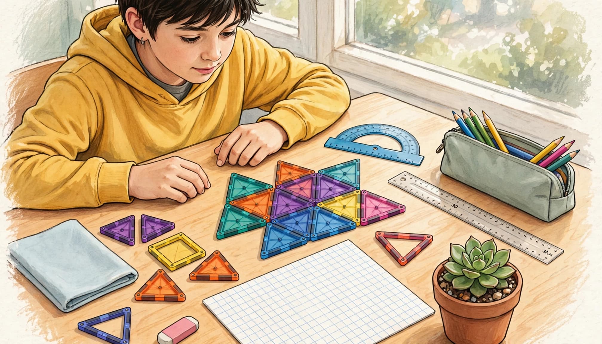 A student solves a colorful magnetic tile puzzle beside graph paper and a ruler.