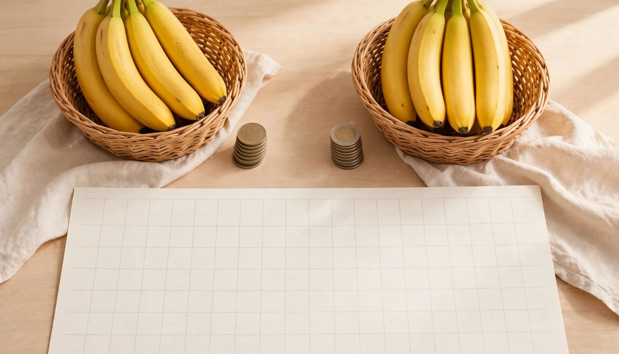 Two baskets of bananas and coin stacks sit above a blank grid sheet on a wooden surface.