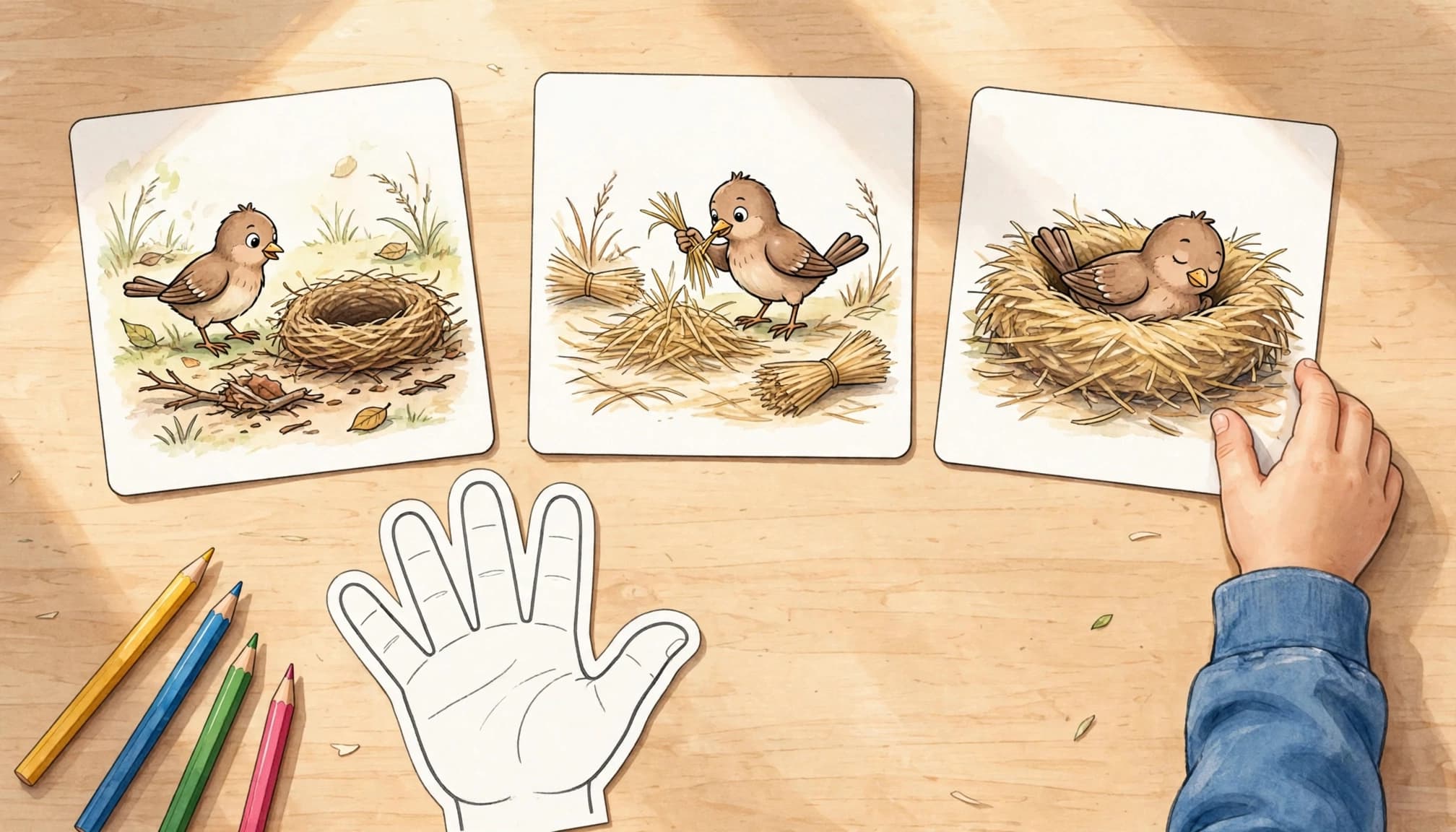 A child's hand arranges three picture cards showing a bird story on a wooden table.