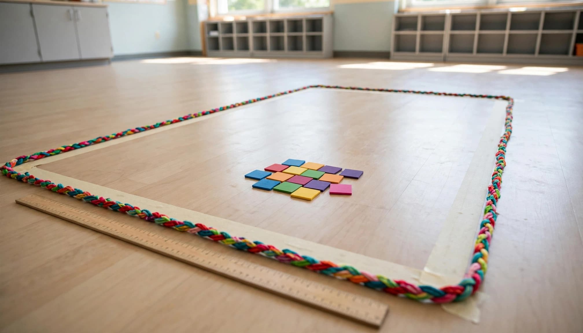 A string outlines a taped rectangle beside a ruler and colored squares.