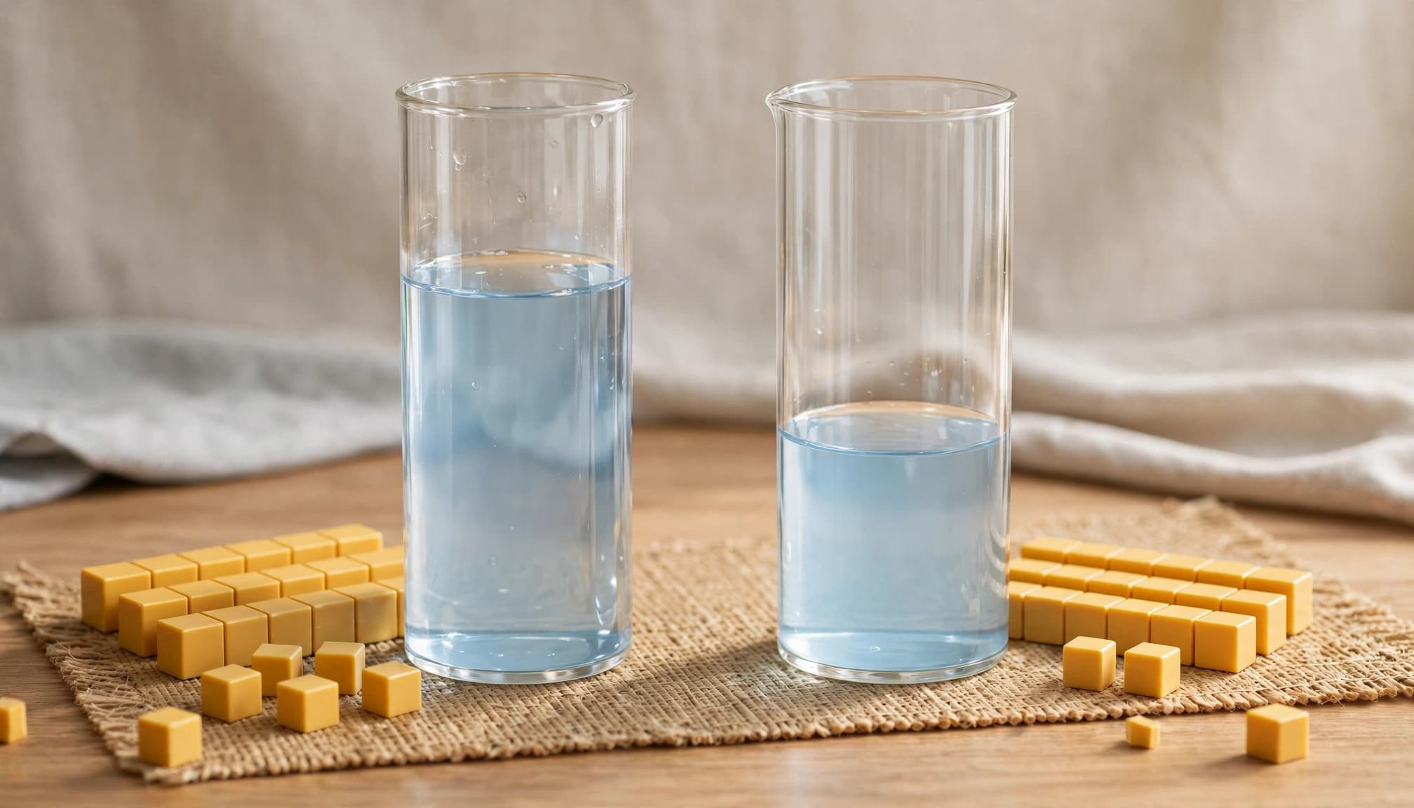 Two measuring cylinders hold slightly different amounts beside small base-ten tiles.