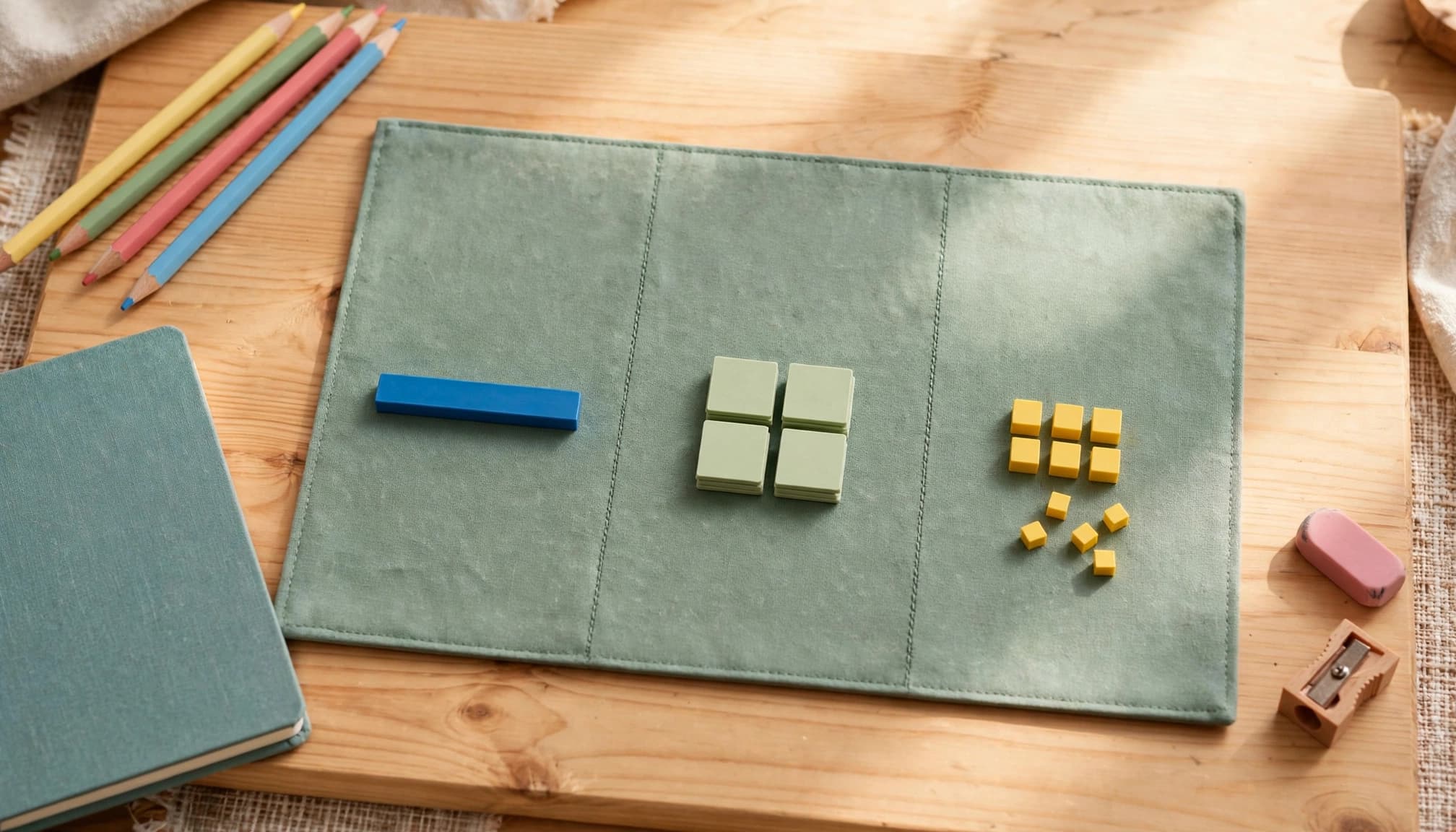 A place-value mat displays a rod, small squares, and tiny cubes on a wooden table.