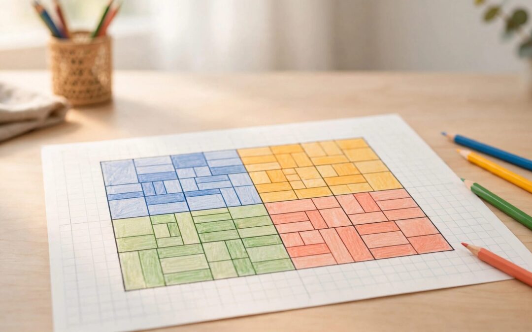 A colored rectangular math model divided into sections sits on graph paper beside pencils.