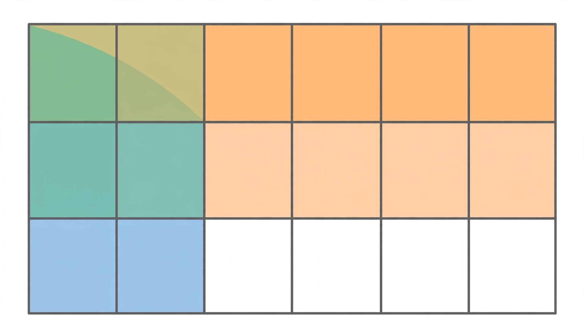 A rectangular grid divided into squares with different colored sections representing a fraction.