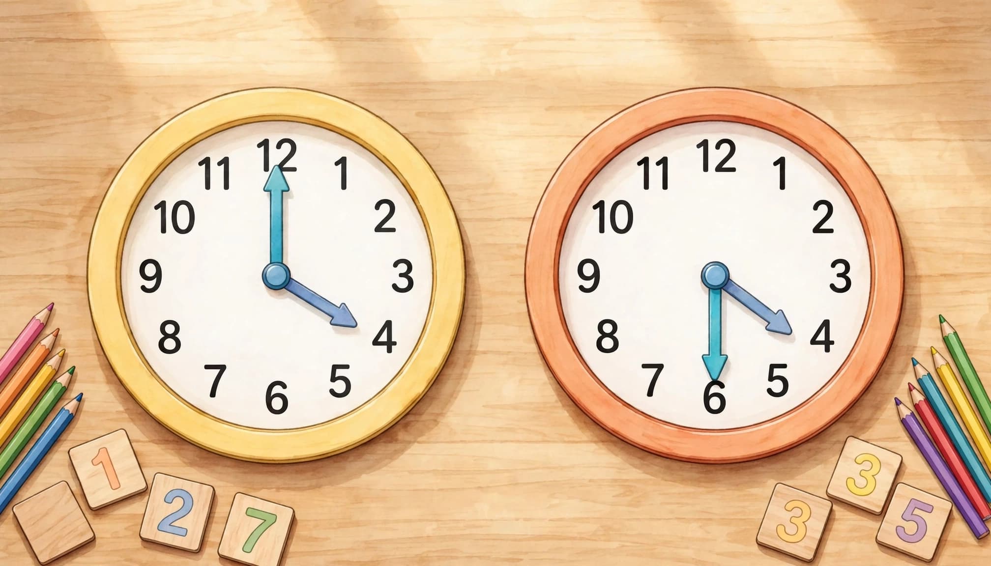 Two colorful clocks show different minute hand positions on a classroom table.