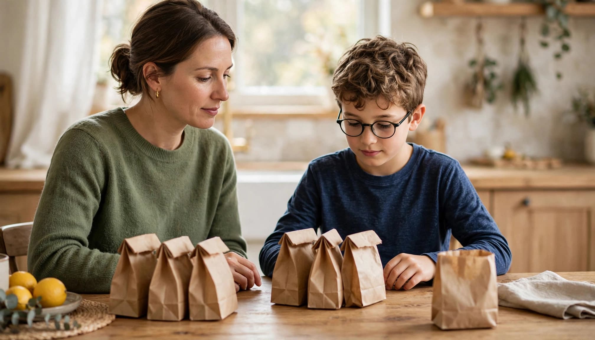 A parent and child sort paper lunch bags, with one bag left over.