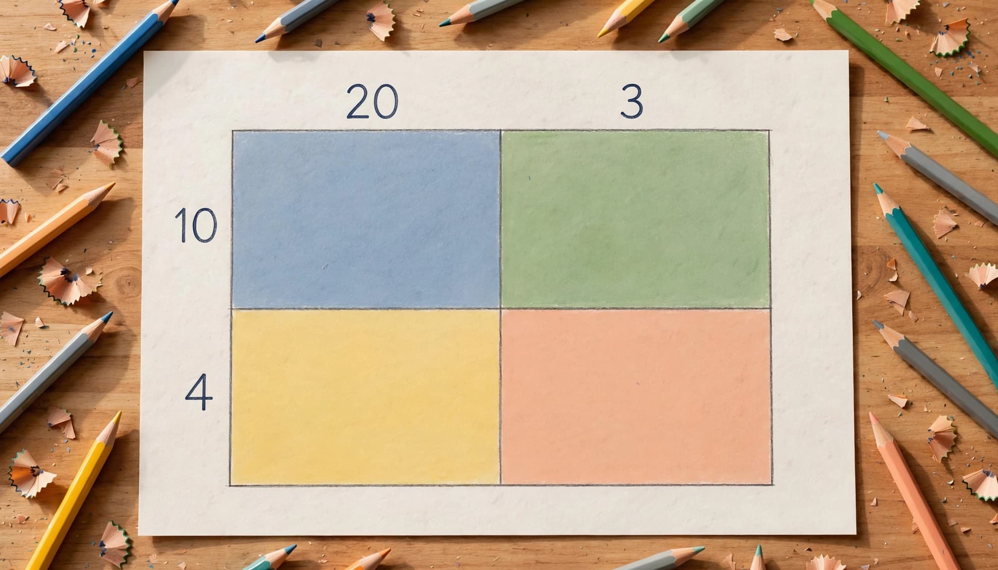 A colored two-by-two rectangle with 20, 3, 10, and 4 marked along its edges.