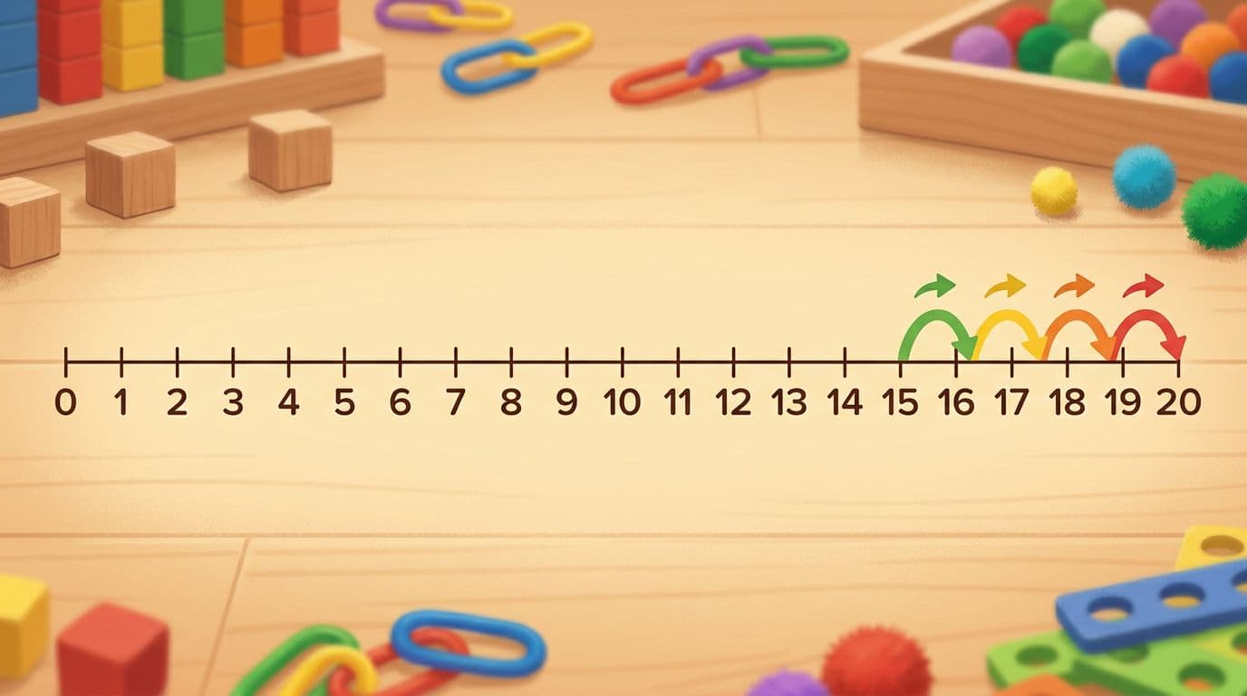 A number line from 0 to 20 with colorful addition hops from 15 to 20 on a wooden floor.