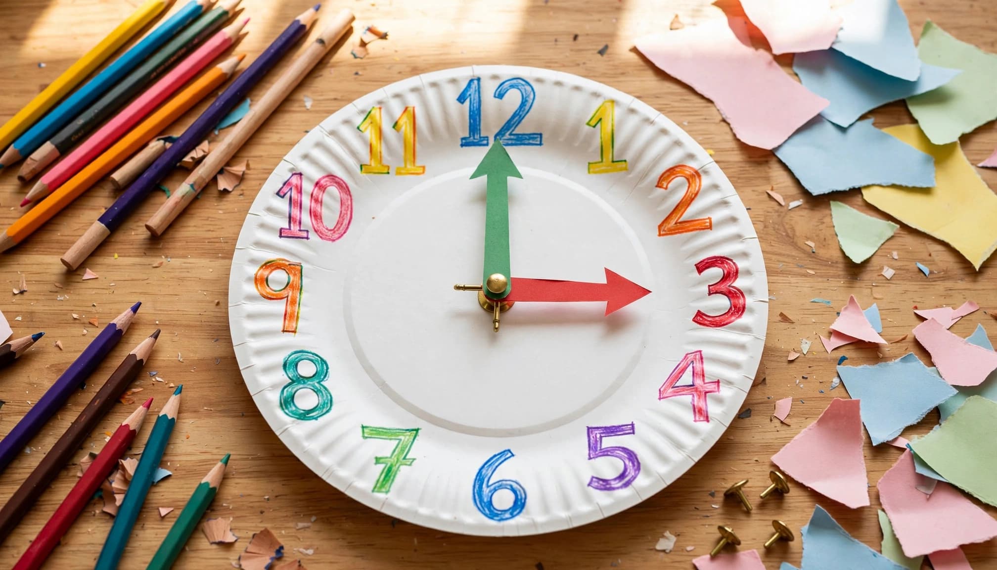 A colorful paper plate clock sits among pencils and paper scraps.