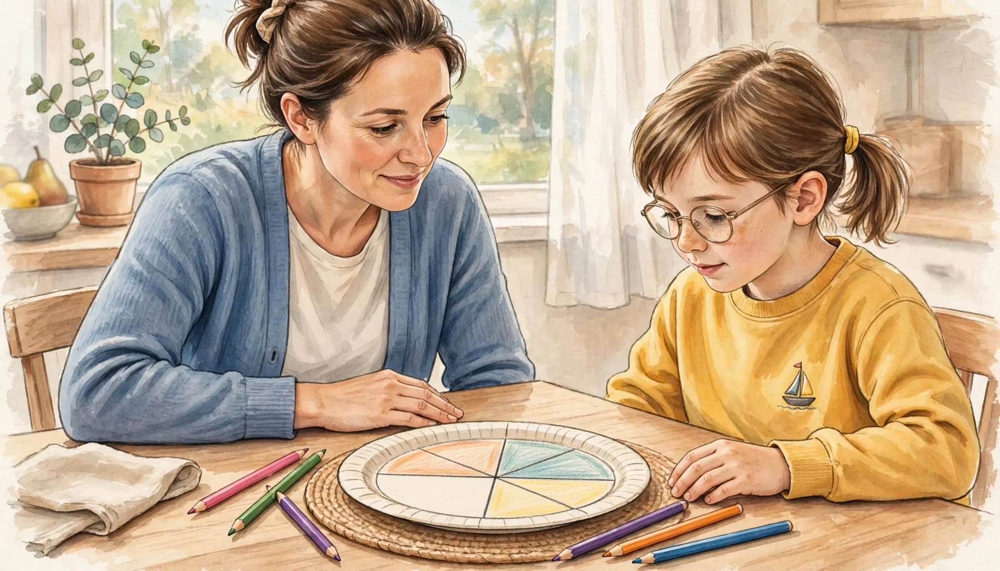 A watercolor illustration of a parent and child doing a math activity with a divided paper plate.