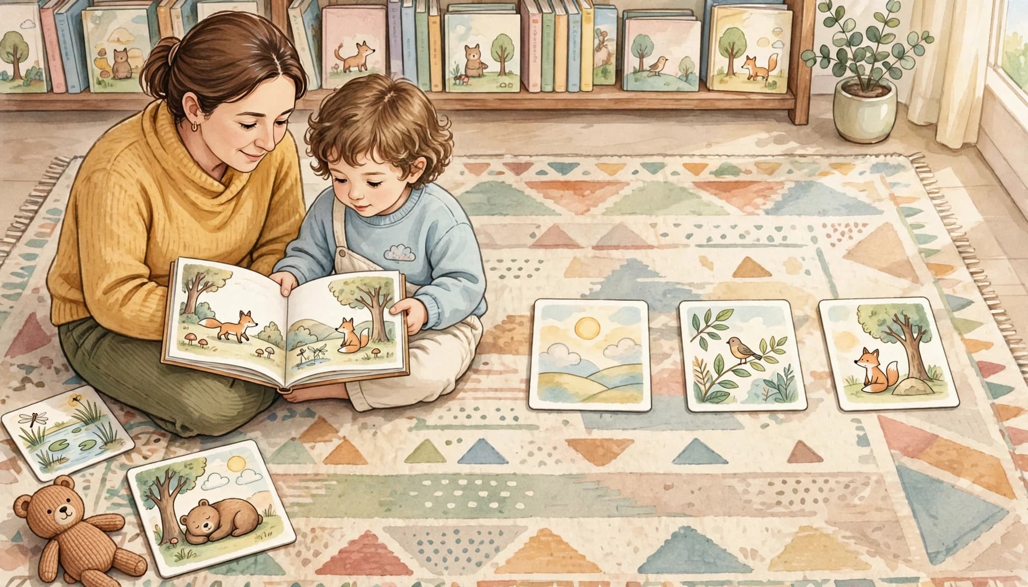 An illustration of a parent and child sitting on a rug reading a picture book together.