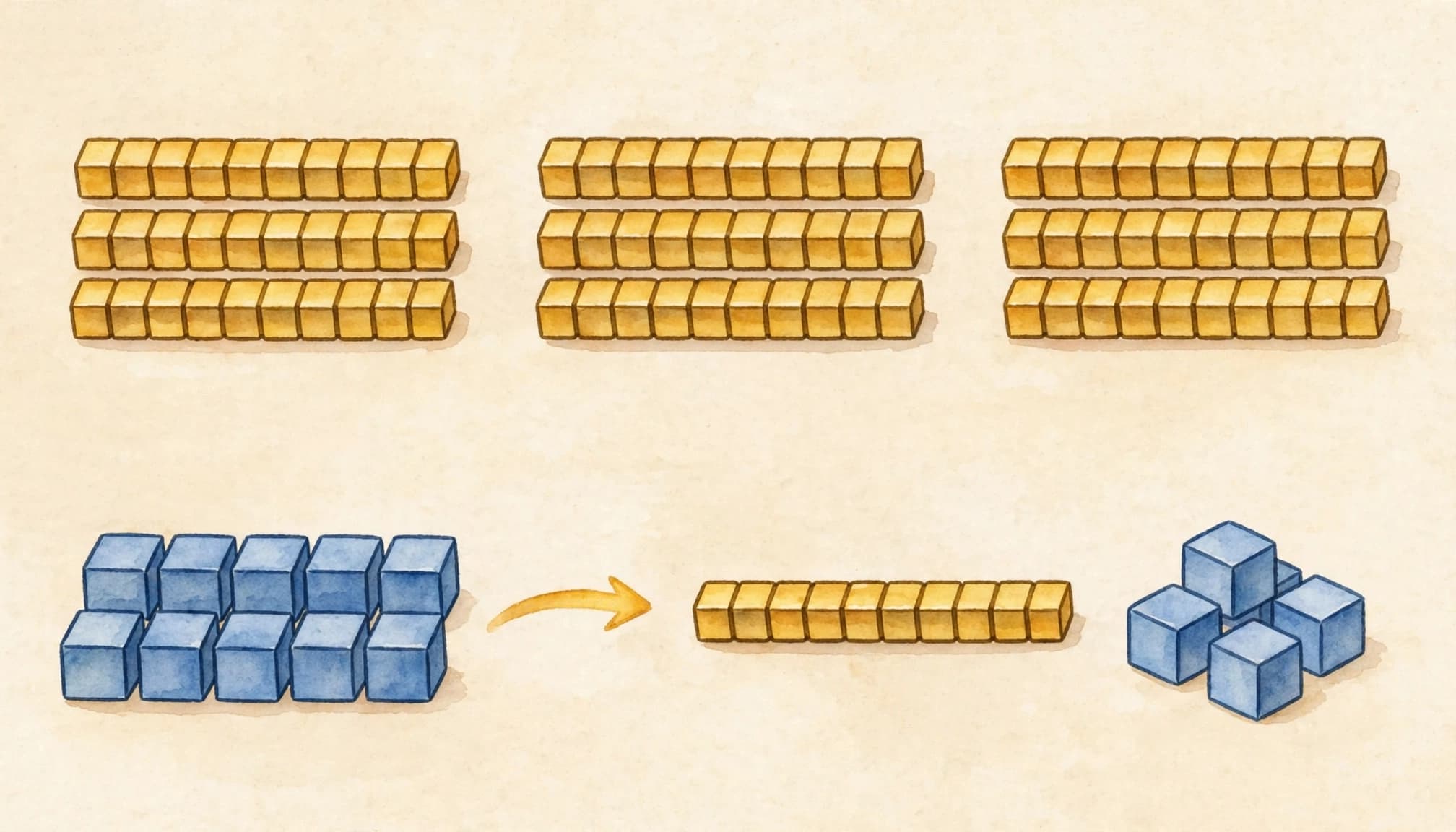 A watercolor illustration of base-ten blocks, showing yellow rods and blue unit cubes.