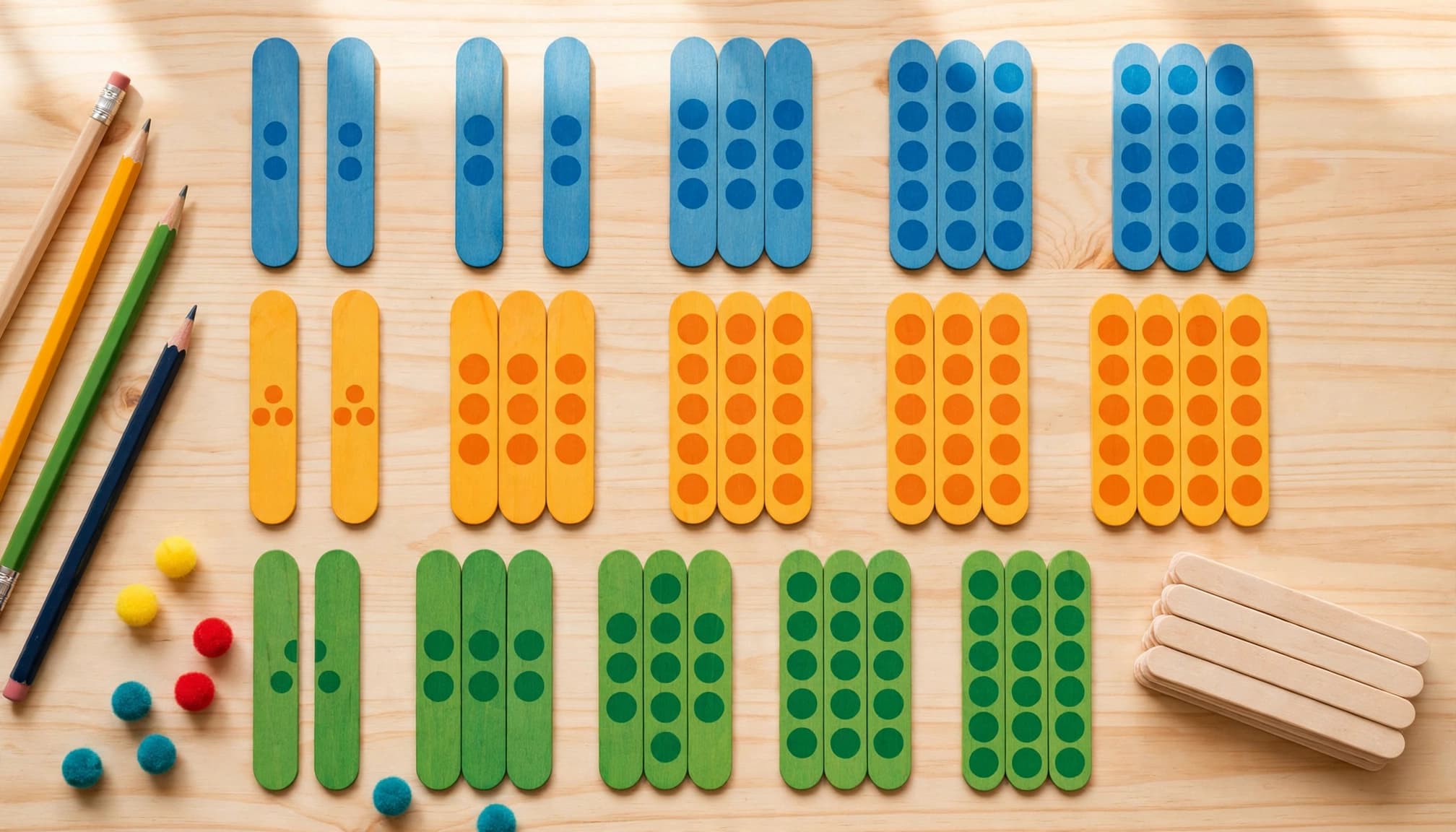 A top-down view of colorful craft sticks arranged by dot patterns on a wooden table.