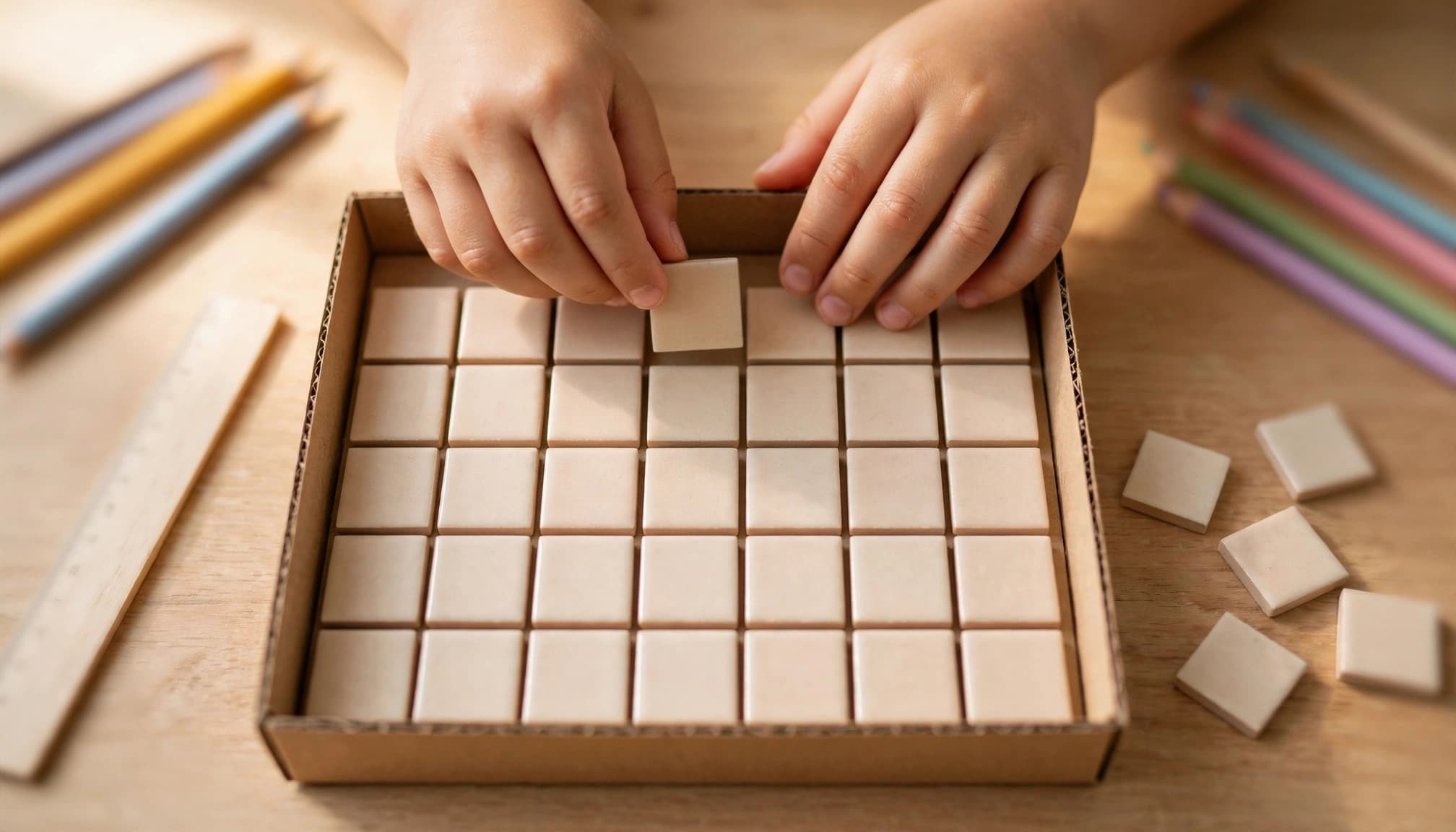 Two hands arrange square tiles inside a cardboard rectangle beside a ruler.