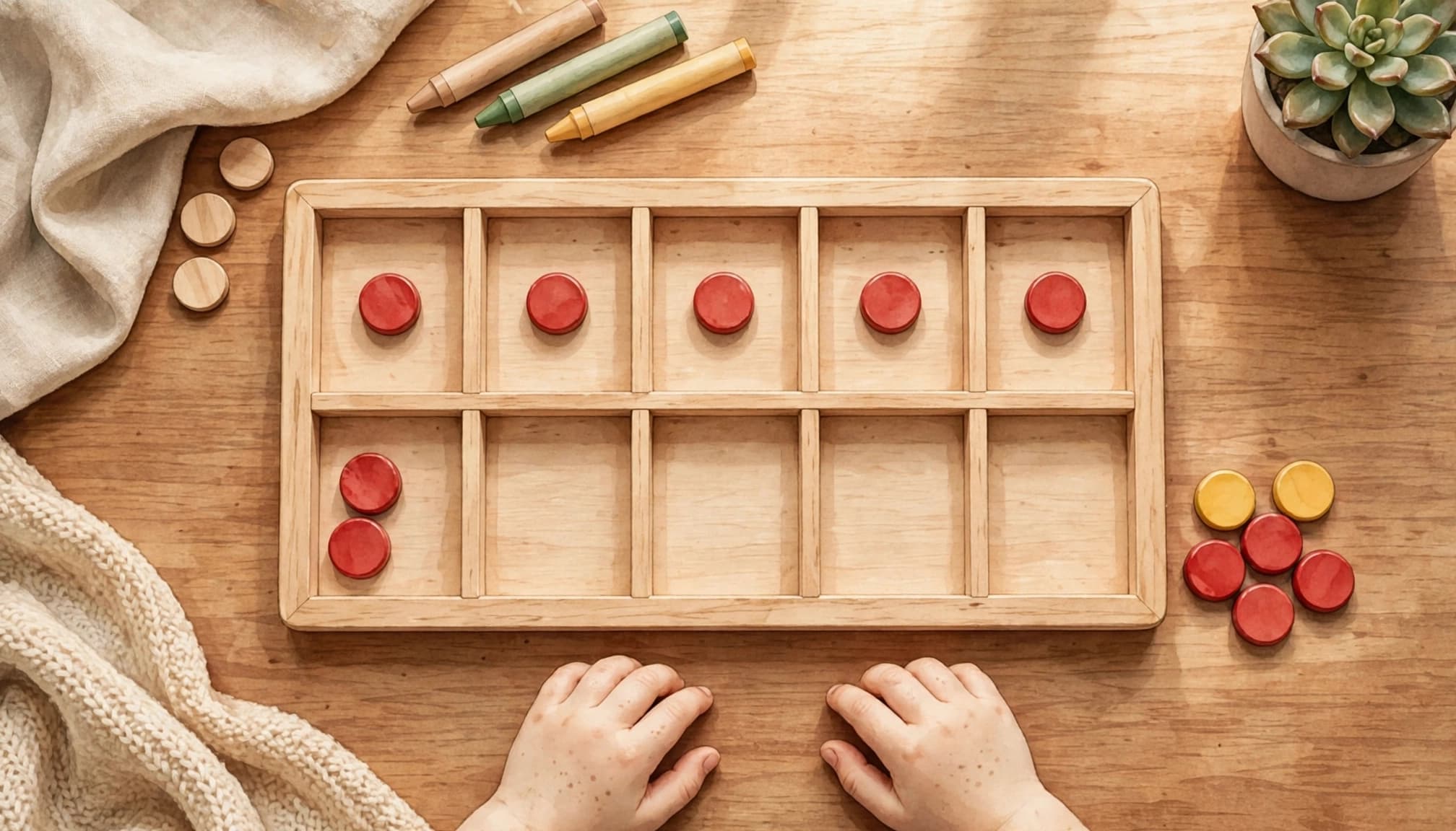 Red and yellow counters beside a child's hands on a ten-frame.