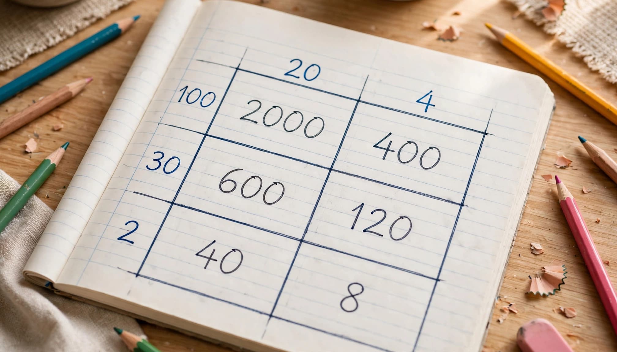 A notebook displays a six-box area model for 132 × 24 beside colored pencils.