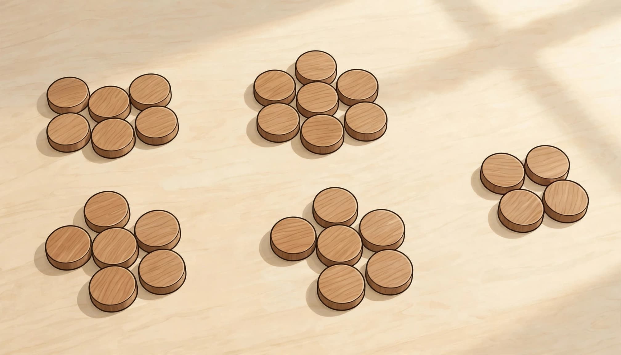 Four groups of five wooden counters sit beside four leftover counters.